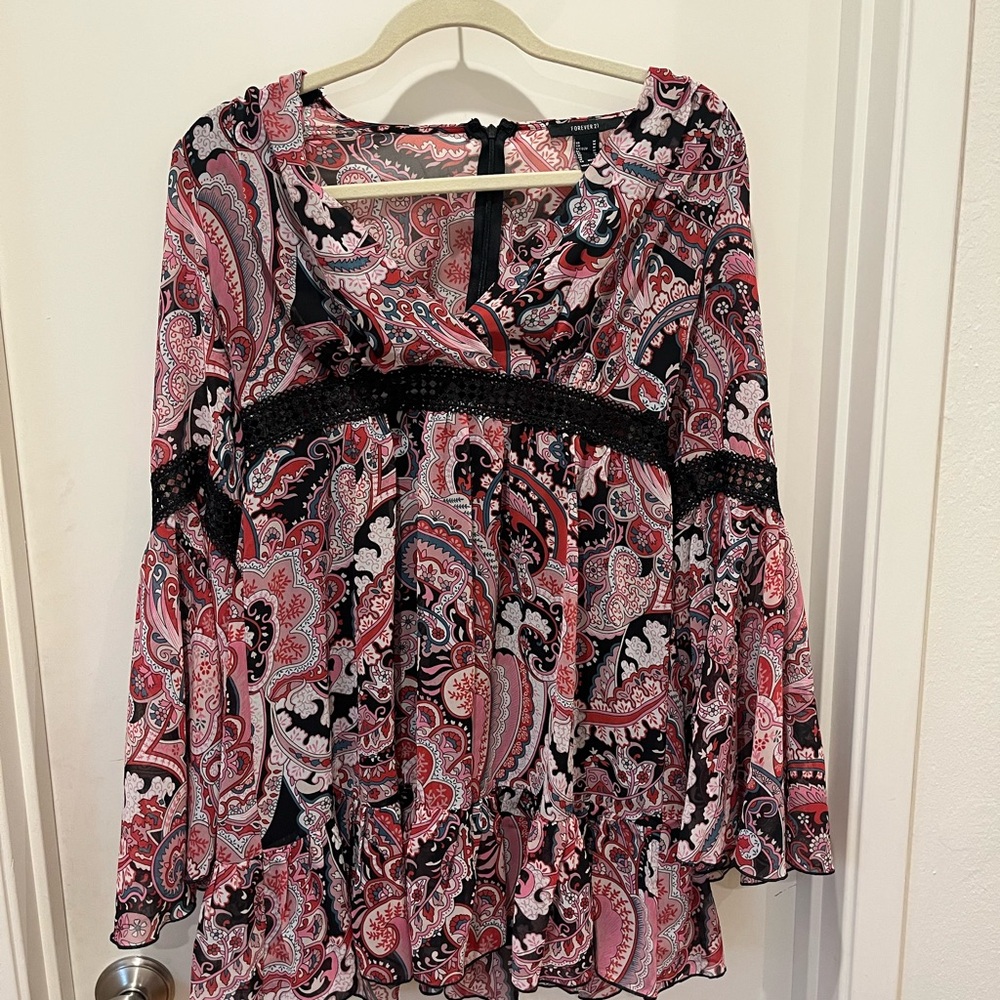 Forever 21 Pink and Black Bell Sleeve Long Sleeve Blouse